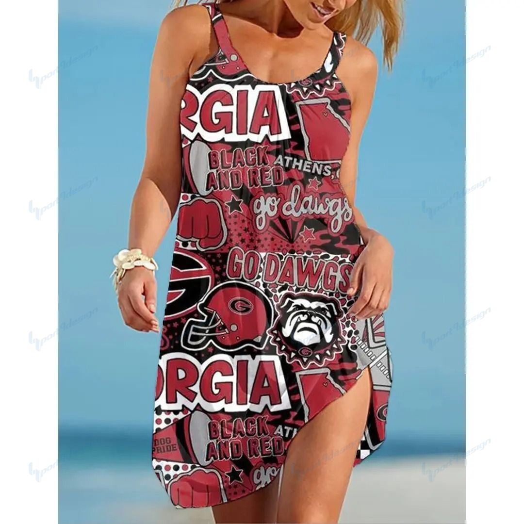 Ncaaf Georgia Bulldogs Print Sleeveless Beach Dress With Round Neck 027