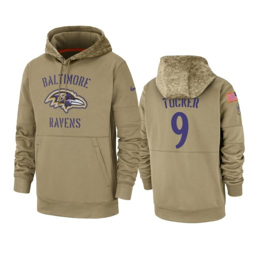 Baltimore Ravens Justin Tucker Tan 2019 Salute To Service Sideline Therma Pullover Hoodie