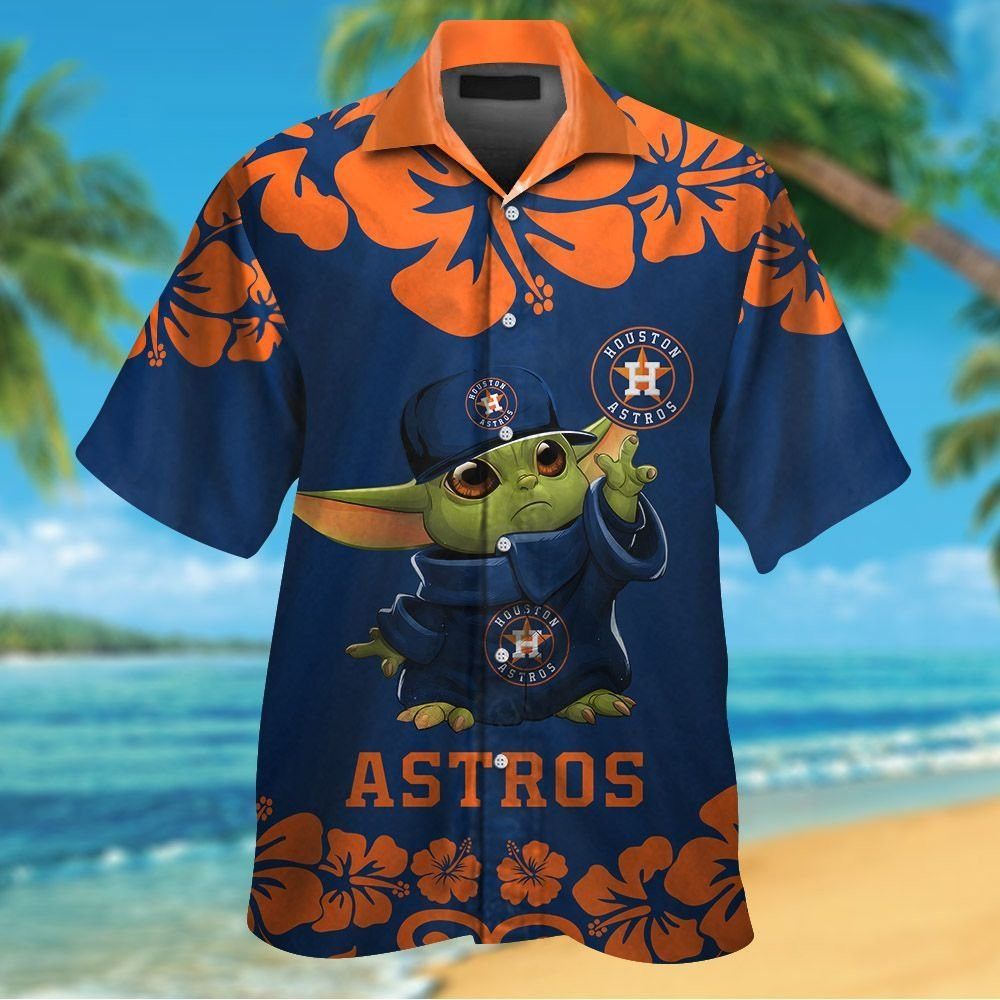 Houston Astros Baby Yoda Short Sleeve Button Up Tropical Hawaiian Shirt