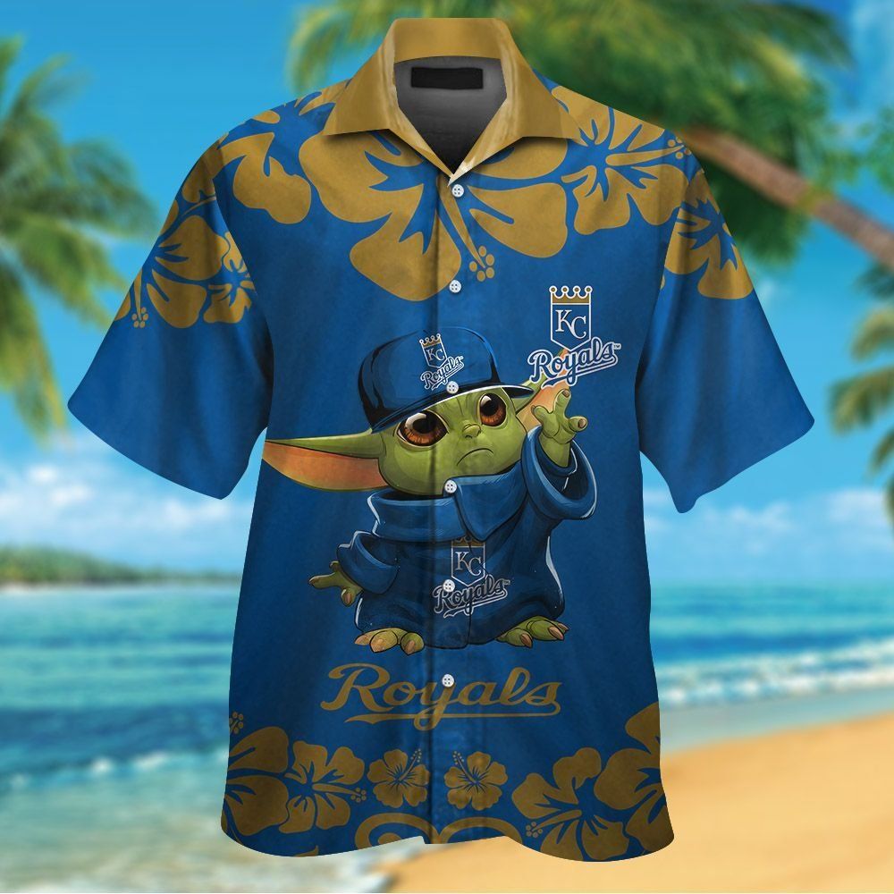 Kansas City Royals Baby Yoda Short Sleeve Button Up Tropical Hawaiian Shirt