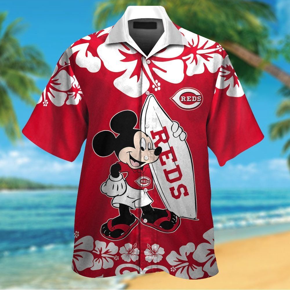 Cincinnati Reds Mickey Mouse Short Sleeve Button Up Tropical Hawaiian Shirt