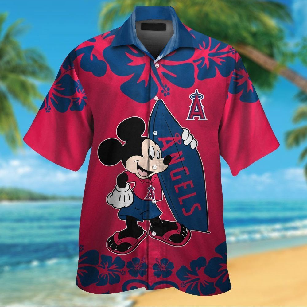 Los Angeles Angels Mickey Mouse Short Sleeve Button Up Tropical Hawaiian Shirt