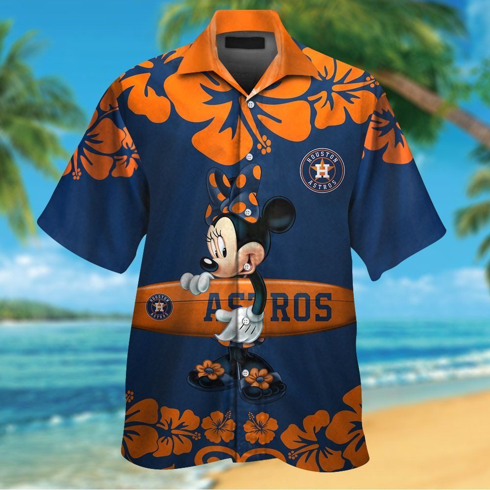 Houston Astros Minnie Mouse Short Sleeve Button Up Tropical Hawaiian Shirt