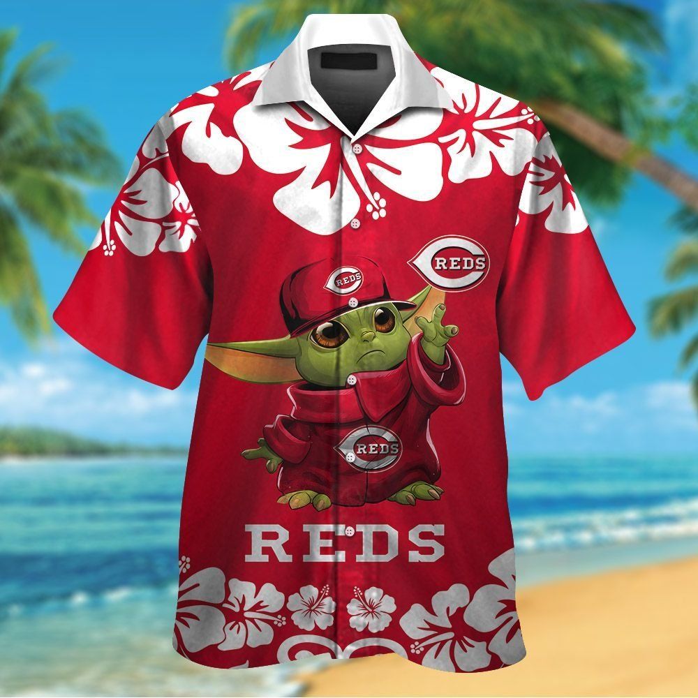 Cincinnati Reds Baby Yoda Short Sleeve Button Up Tropical Hawaiian Shirt